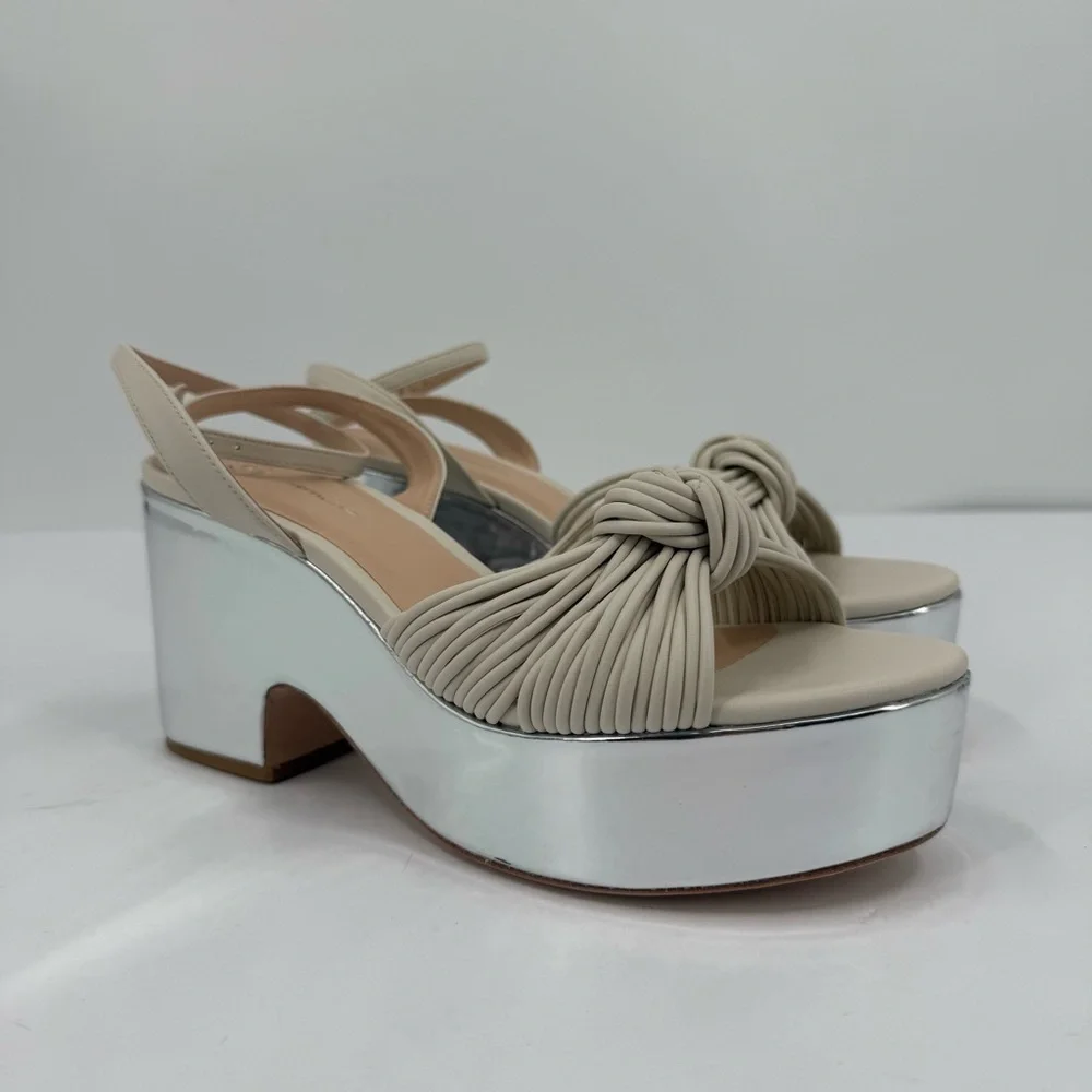 Anthropologie Guilhermina Knotted Platform Silver Mirror Heels Size 9